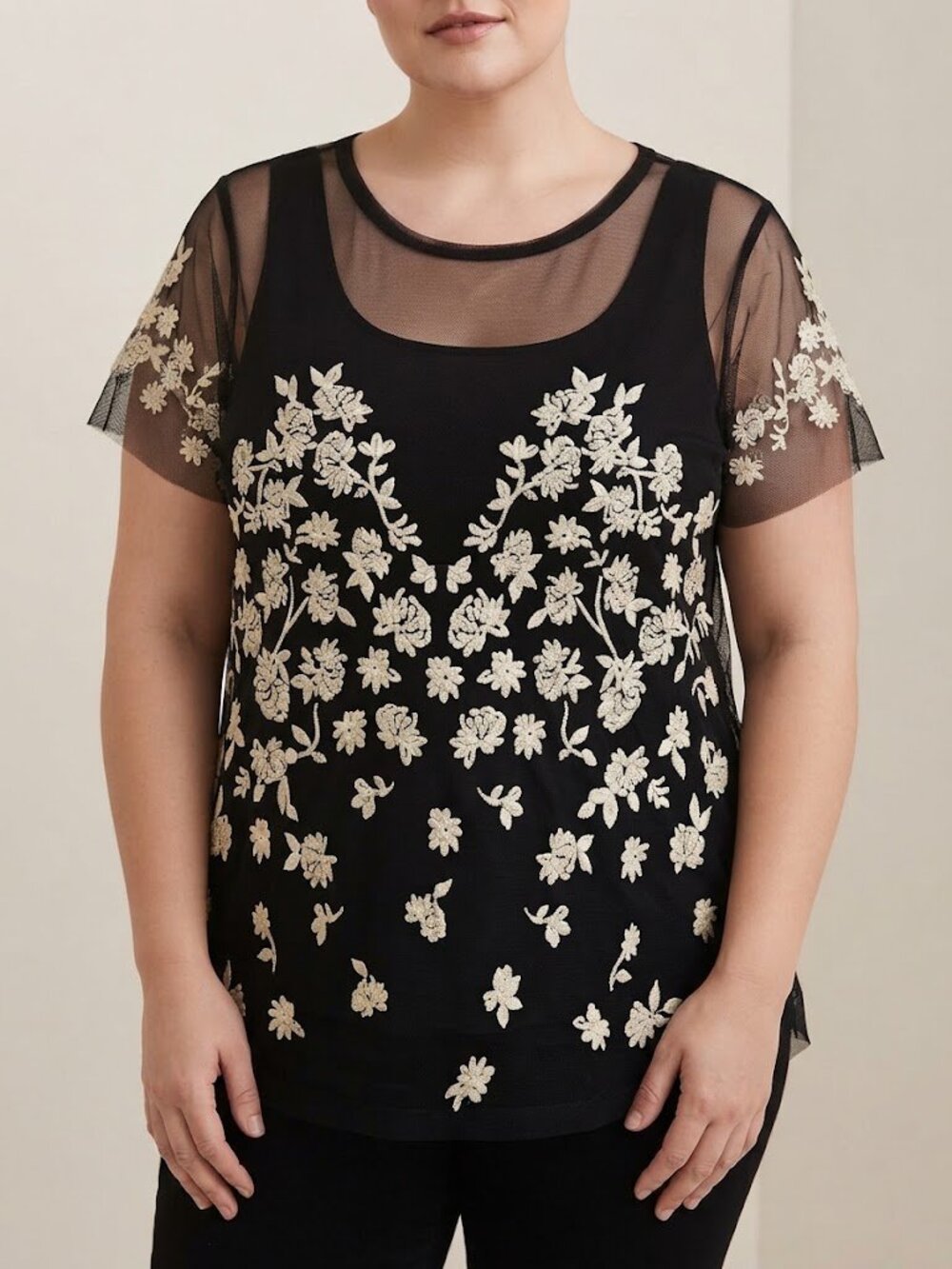 Torrid Black Sheer Floral Embroidered Short Sleeve Top
